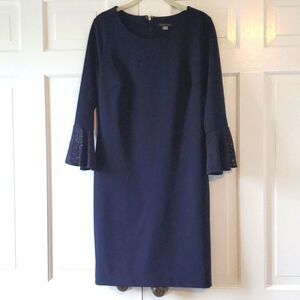 Tommy Hilfiger Elegant Navy Blue Crepe Sheath Dress Lace Bell Sleeve Size 12
